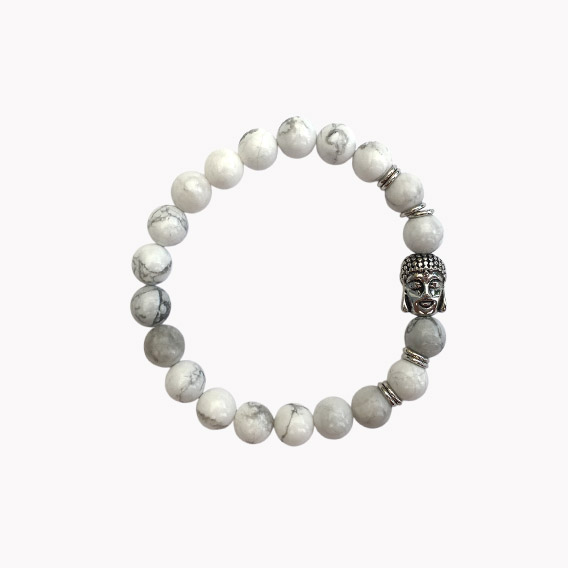 Kugelarmband Howlith weiß mit Buddha silber