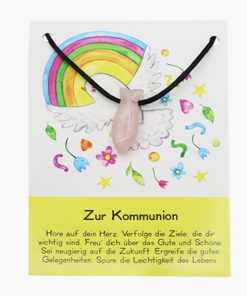 „Zur Kommunion“ Rosenquarz Fisch Anhänger gebohrt auf großer Karte