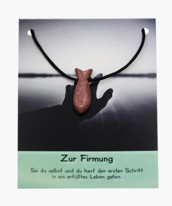 „Zur Firmung“ Rhodonit Fisch Anhänger gebohrt auf großer Karte