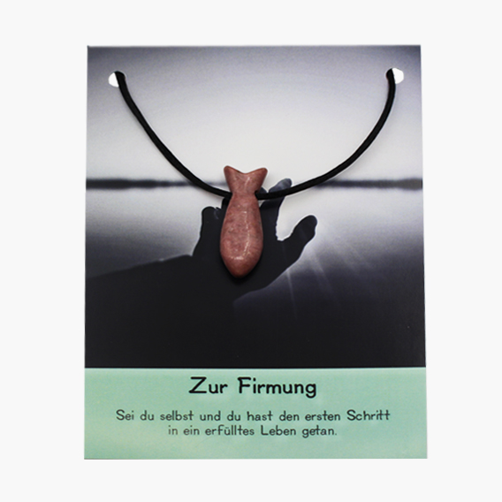 „Zur Firmung“ Rhodonit Fisch Anhänger gebohrt auf großer Karte
