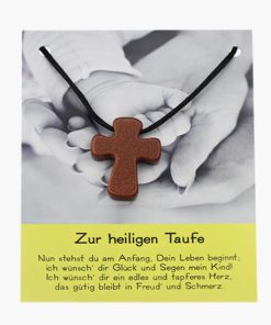 „Zur heiligen Taufe“ Pilgerkreuz Anhänger aus Goldfluss rot auf großer Karte