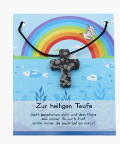 „Zur heiligen Taufe“ Schneeflockenobsidian Pilgerkreuz Anhänger auf großer Karte