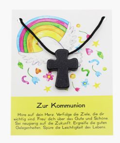 „Zur Kommunion“ Goldfluss blau Pilgerkreuz Anhänger auf großer Karte