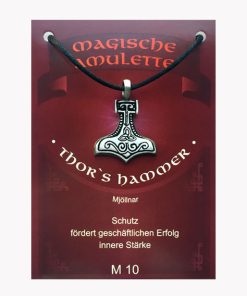 Anhänger Thors Hammer – Magische Amulette aus Zinn auf großer Karte mit Infoheft