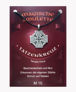 Anhänger Tatzenkreuz – Magische Amulette aus Zinn auf großer Karte mit Infoheft