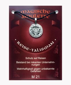 Anhänger Reisetalisman – Magische Amulette aus Zinn auf großer Karte mit Infoheft
