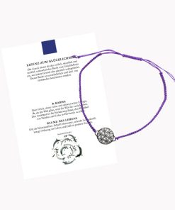 Glücksarmband Freundschaftsarmband mit Blume des Lebens klein mit geknüpftem Textilband lila mit Glückskarte