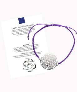 Glücksarmband Freundschaftsarmband mit Blume des Lebens gross mit geknüpftem Textilband lila mit Glückskarte