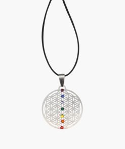 Anhänger Blume des Lebens mit Chakrasteine aus Stainless Steel mit Lederband im Jutebeutel