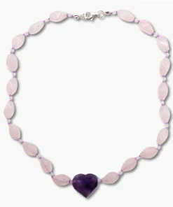Rosenquarz Kette mit Amethyst Herz