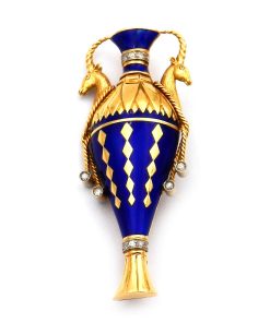 Retro 18K Gold Brosche mit blauem Emaille und Diamanten um 1950