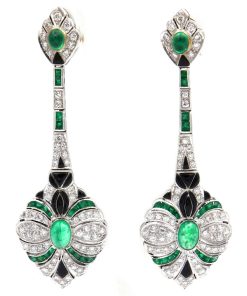 Smaragd Diamant Onyx Ohrringe mit 2 ct Brillanten im Art Deco Stil aus 18K Weißgold