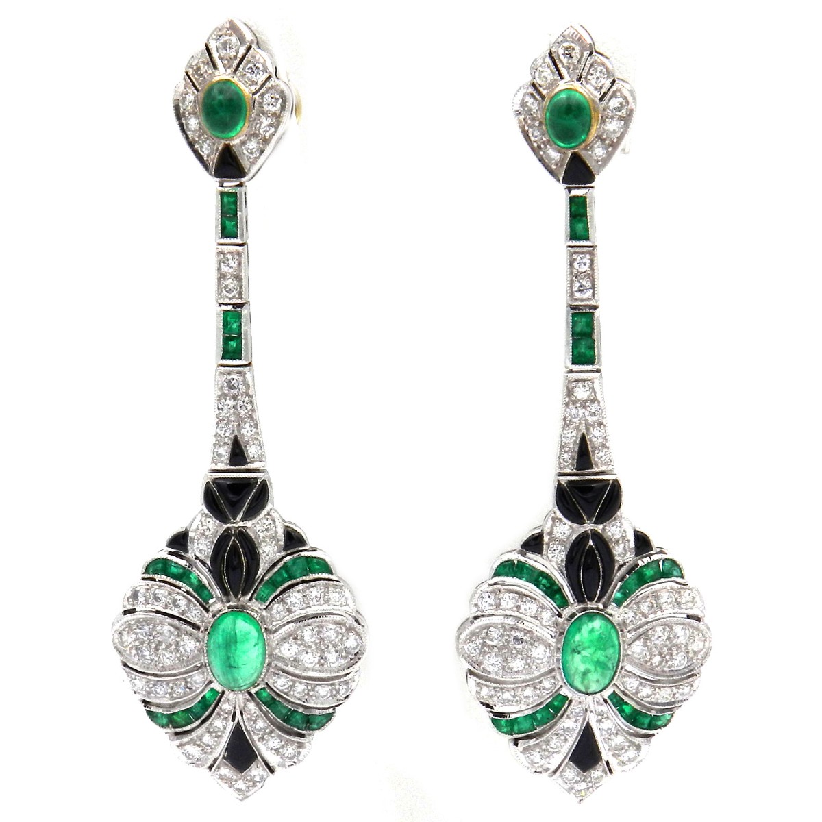 Smaragd Diamant Onyx Ohrringe mit 2 ct Brillanten im Art Deco Stil aus 18K Weißgold
