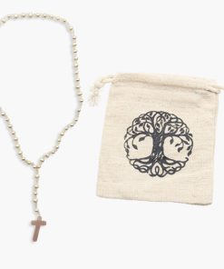 Edelstein Rosenkranz Perle mit Rosenquarz Kreuz und Bergkristall Perlen im Lebensbaum Jutebeutel