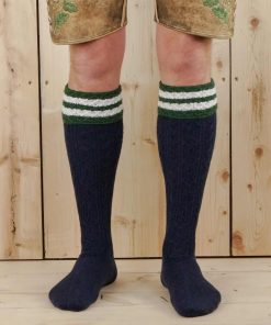 Strümpfe mit Umschlag, Handgekettelte Spitze, Marine mit grünen Ringel